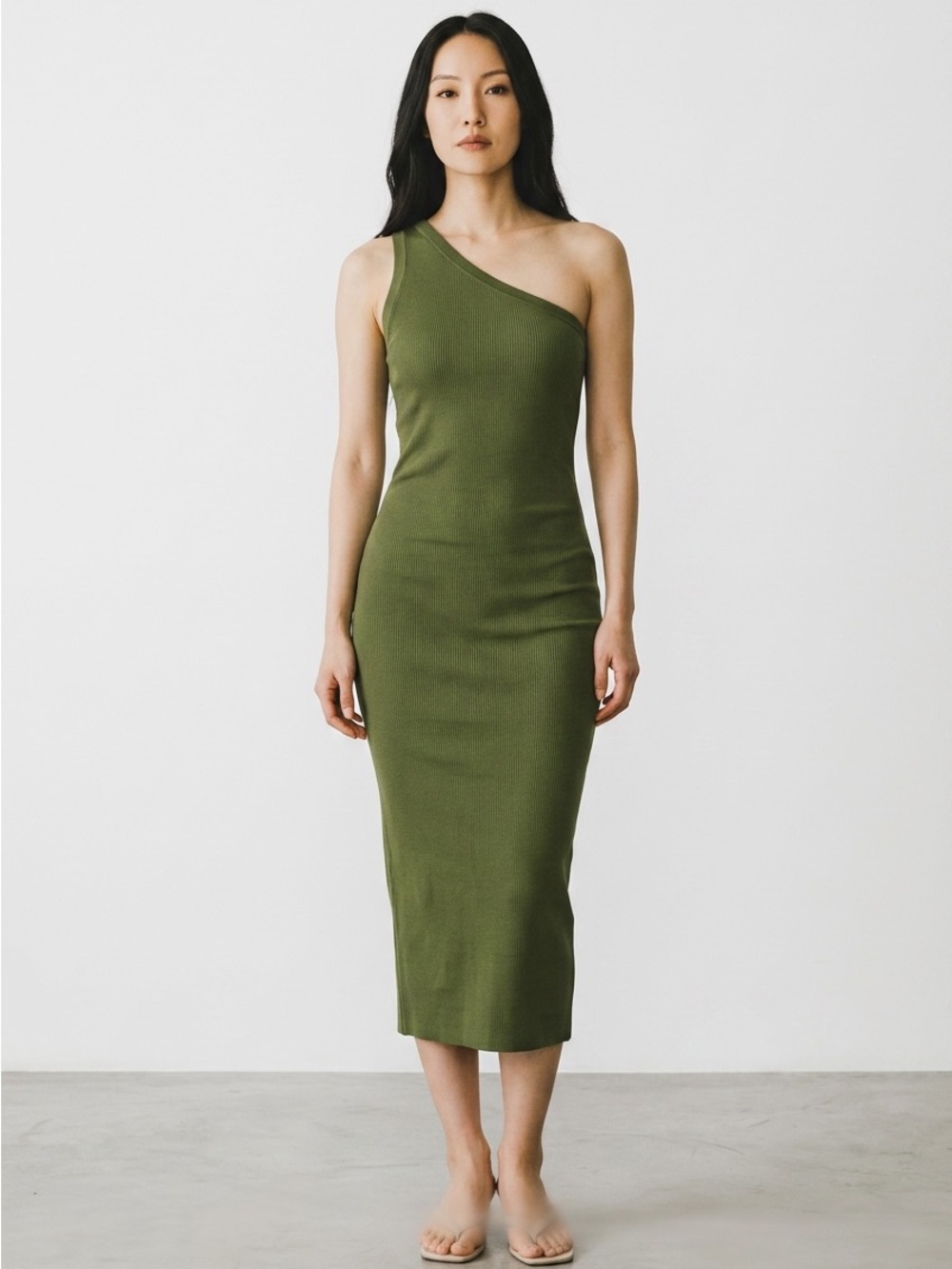 GESTUZ Olive Green One Shoulder Knit Dress